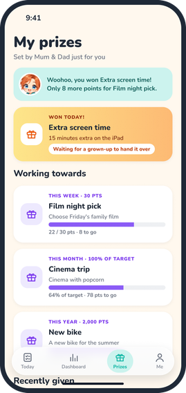 The Prizes screen: a prize won, ready to hand over, and progress towards a film night pick and a cinema trip.