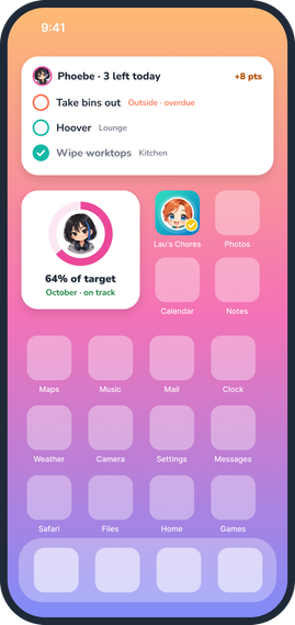 An iPhone Home Screen with Lau’s Chores widgets: today’s chores with tick boxes, and a ring showing 64% of the month’s target.
