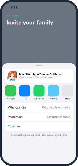 Inviting the family: the iOS share sheet with an iCloud invitation to join the household.